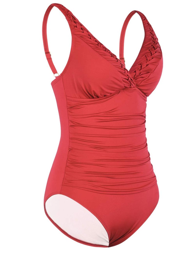 Hilor Women's One Piece Swimsuits Pin Tucked Surplice Swimwear Tummy Control Bathing Suits Monokinis Coral Red 8 - Image 5